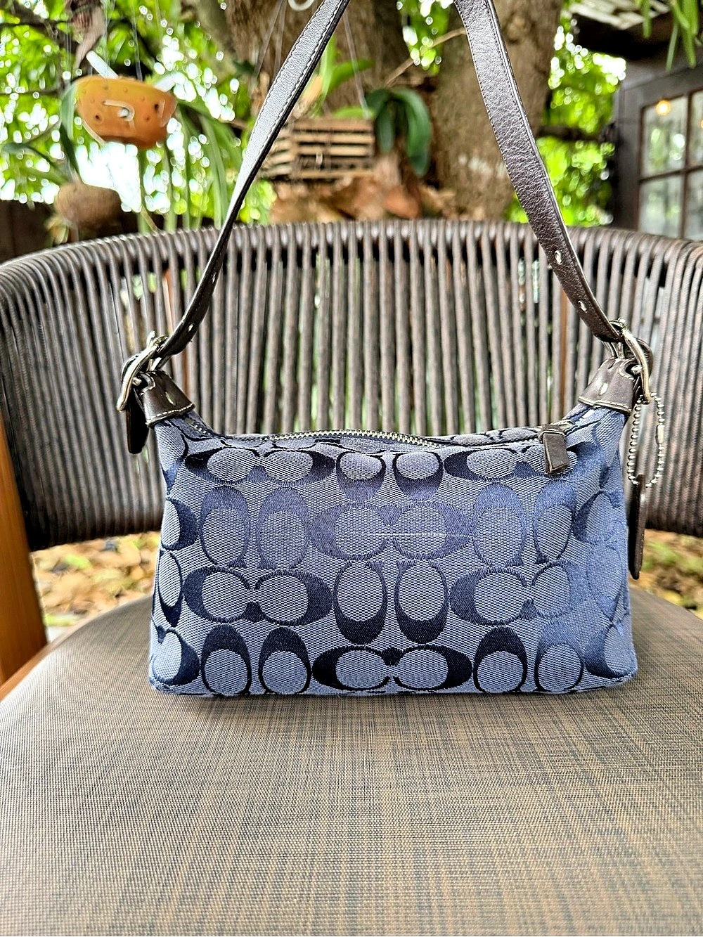 Vintage 2004 Coach Signature Demi Baguette Shoulder Bag Navy Blue Jacquard Y2K